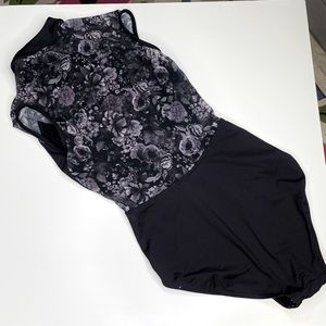 black white floral front zip leotard AS